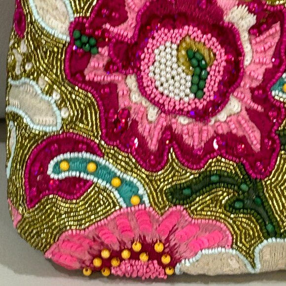 Beaded Bag Vibrant Floral Gold Hot Pink Tropical Colorful Flowers Made in India - Picture 6 of 6